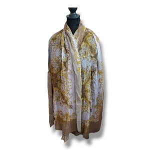 Versace Brown, Gold, Cream Colored 100% Silk Baroque Scarf